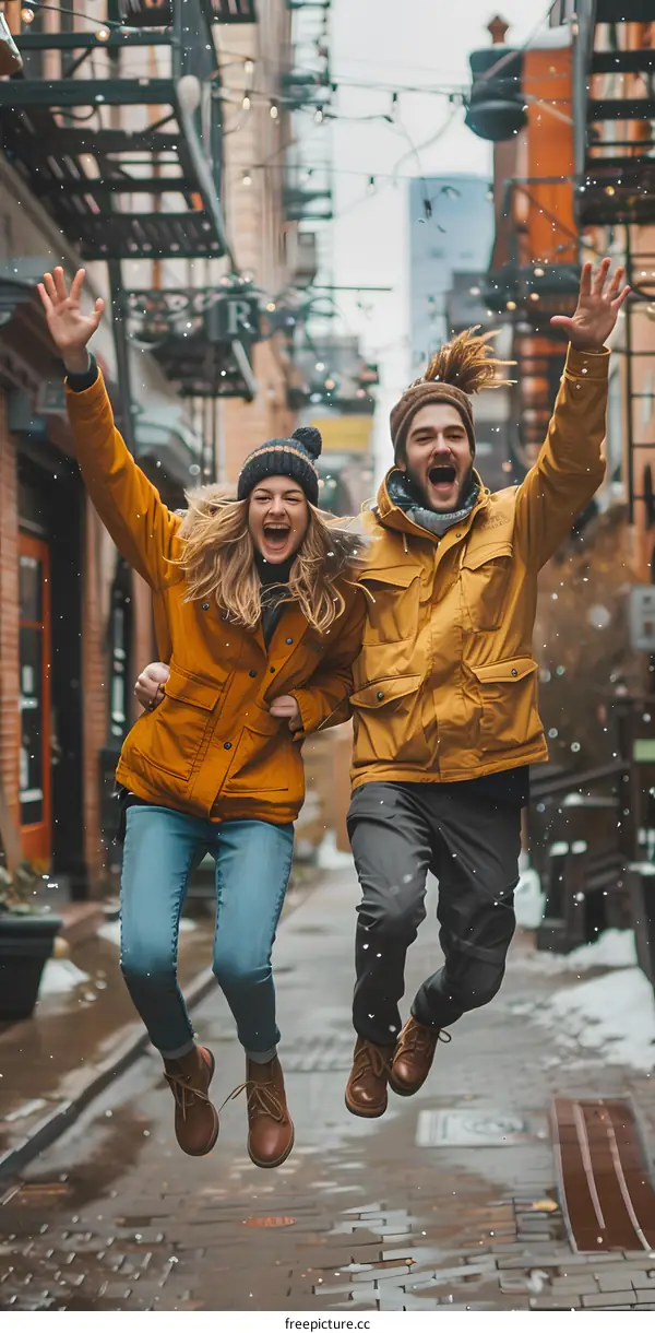 Happy Couple Jumping In Snowy City Street