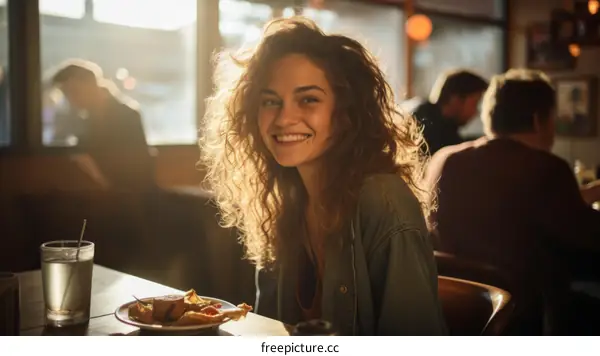 Portrait of a smiling young woman sitting in a restaurant