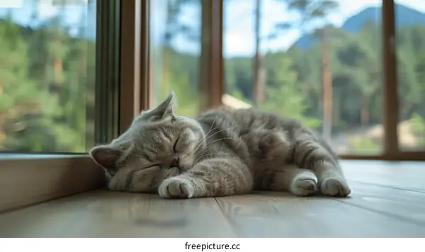 A Gray Cat Is Asleep on the Floor