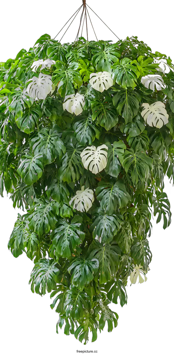 [Transparent Background PNG]Green and White Monstera Plant Hanging From Ceiling