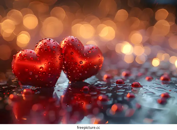 Red heart-shaped gems with water drops