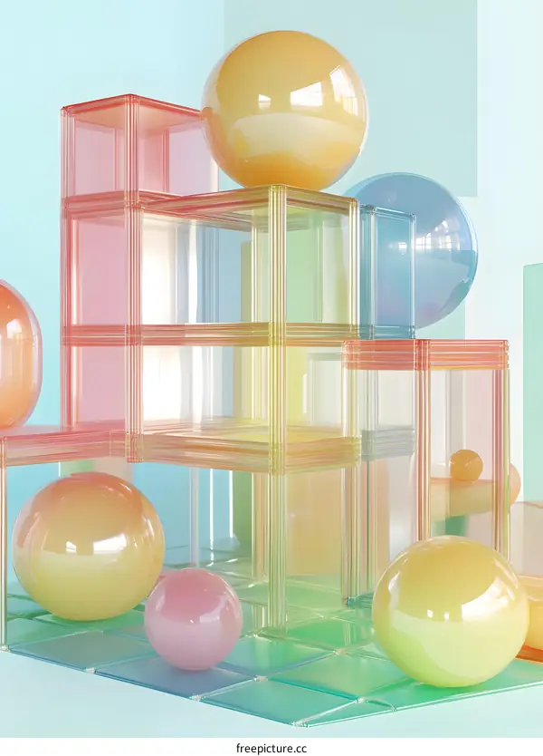 Abstract Colorful Glass Cubes And Spheres 3D Render
