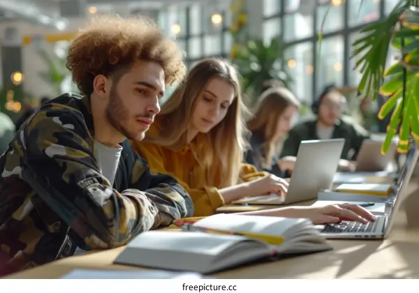 Focused multiethnic group of students studying together in library