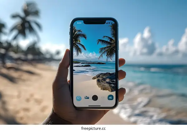 Hand Holding a Phone Showing Beach Scene with Palm Trees