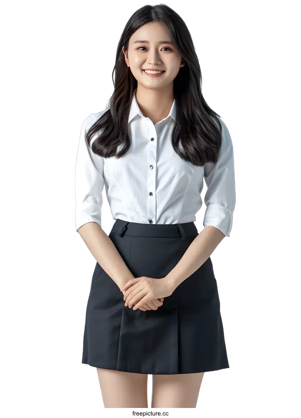 [Transparent Background PNG]A young woman in a white blouse and black skirt is standing with her hands clasped in front of her.
