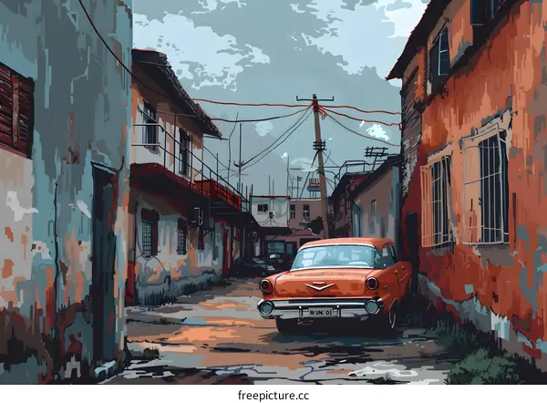 Vintage Car in Narrow Alleyway with Old Buildings