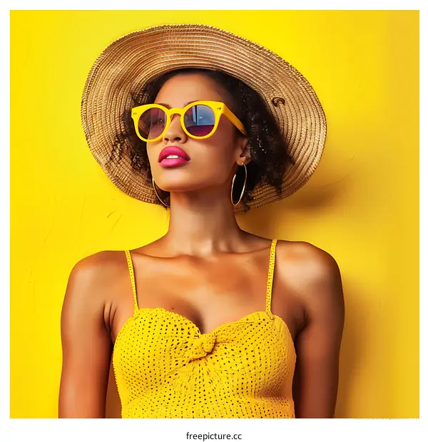 Woman In Yellow Sunglasses And Hat Posing Against Yellow Background