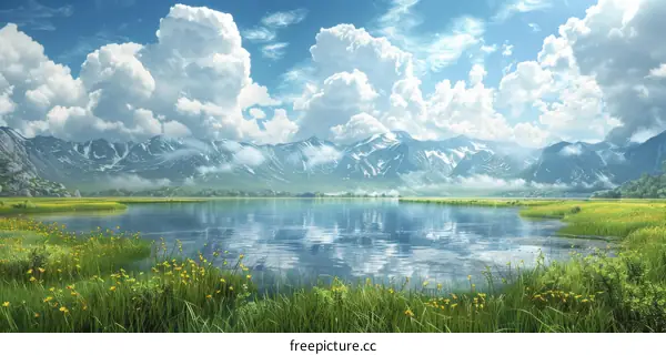 Serene Mountain Lake Landscape with Wildflowers