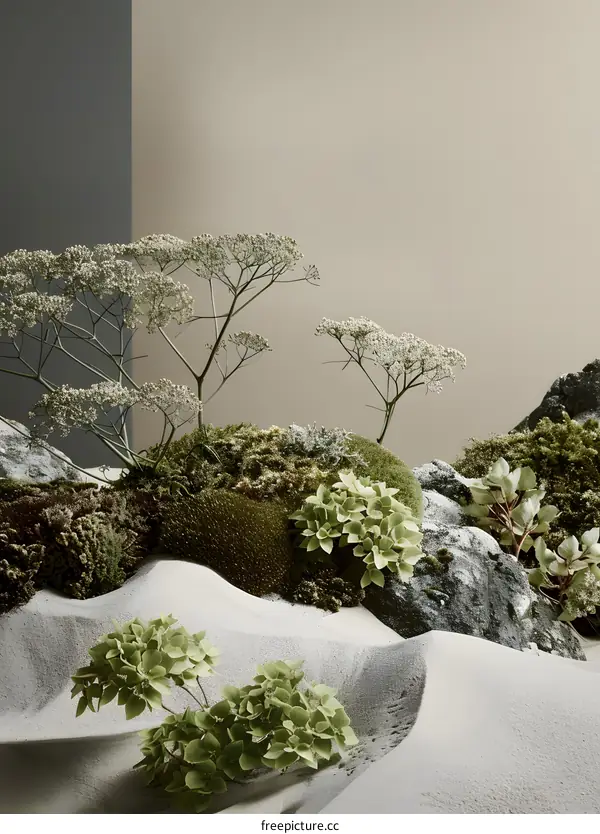 Minimalist Botanical Still Life with Sand Dunes