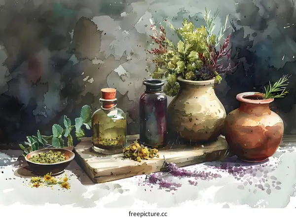 Watercolor Painting of Herbal Still Life with Bottles and Pots