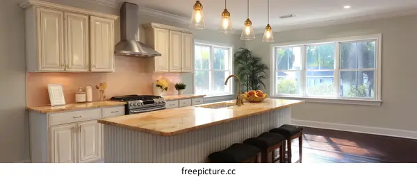 Modern Cream Kitchen with Island and Large Windows