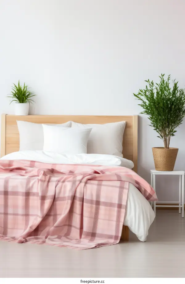 A cozy bedroom with a pink and white plaid blanket