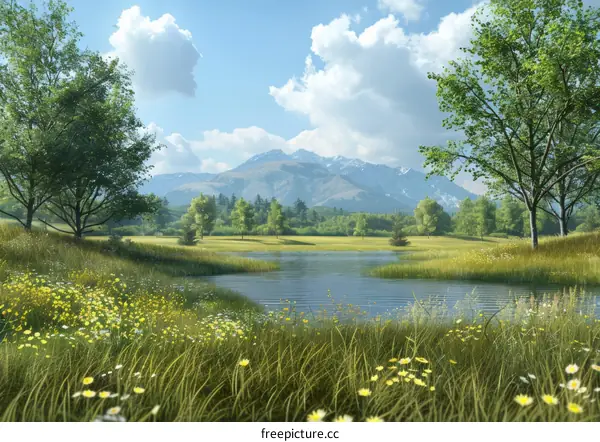 Serene Lake and Meadow Ablaze with Flowers