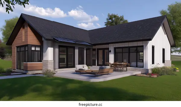 Modern Farmhouse Exterior with Patio and Lawn