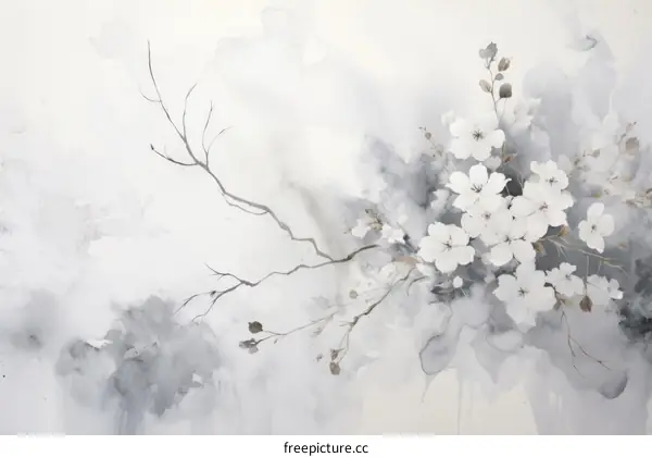 Black and White Cherry Blossom Watercolor Painting