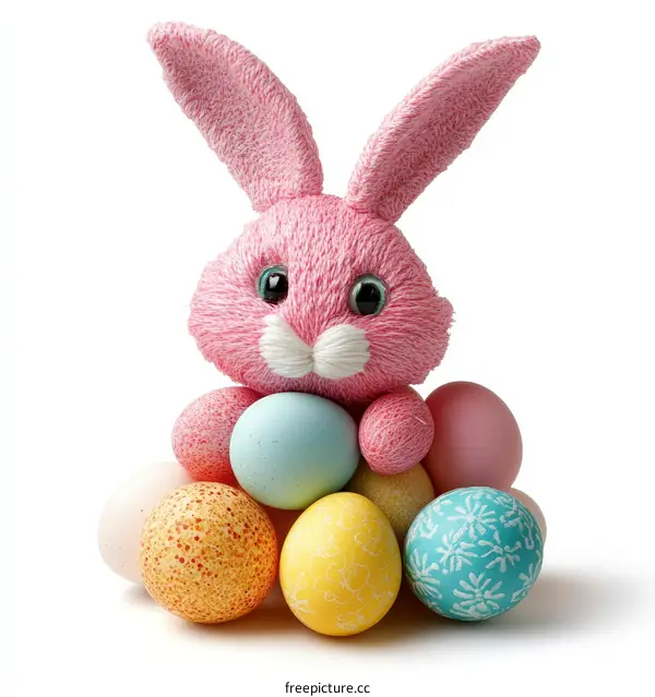 Pink Easter Bunny with Colorful Eggs
