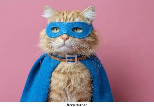 Superhero Cat with Blue Mask and Cape