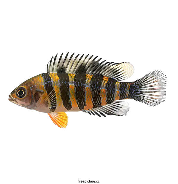 [Transparent Background PNG]A colorful reef fish with a black and yellow striped body and a long flowing fin