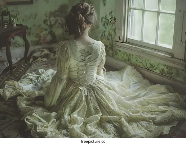 A woman wearing a white dress is sitting on the floor in a room with a green wall.