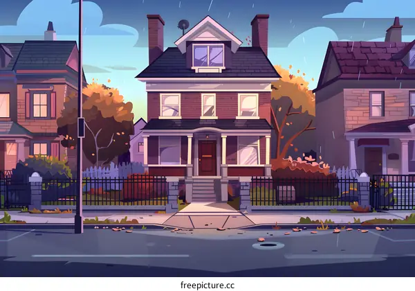 Rainy Day in a Suburb with Two Story Houses