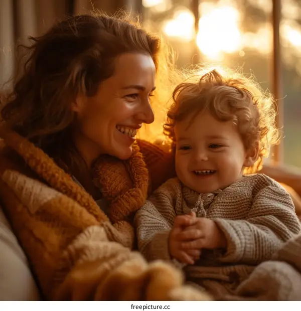 Toddler smiling with Caucasian mother at home