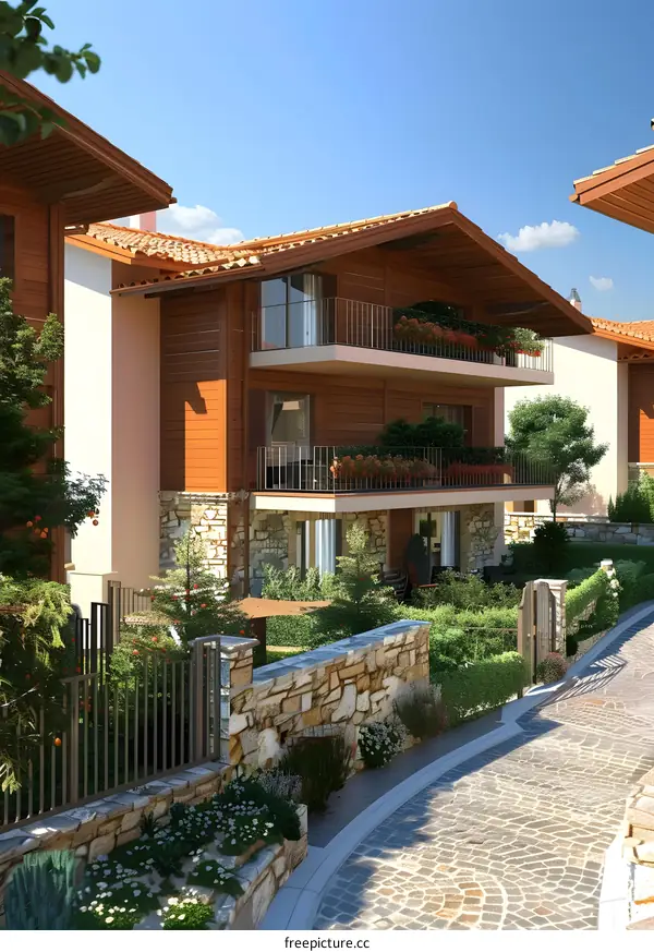 Modern Wooden House with Two Balconies and Stone Fence