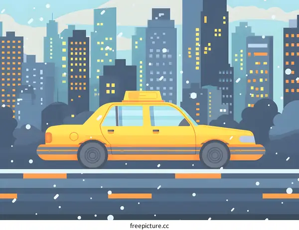 Yellow Taxi Cab Driving Through Snowy Cityscape
