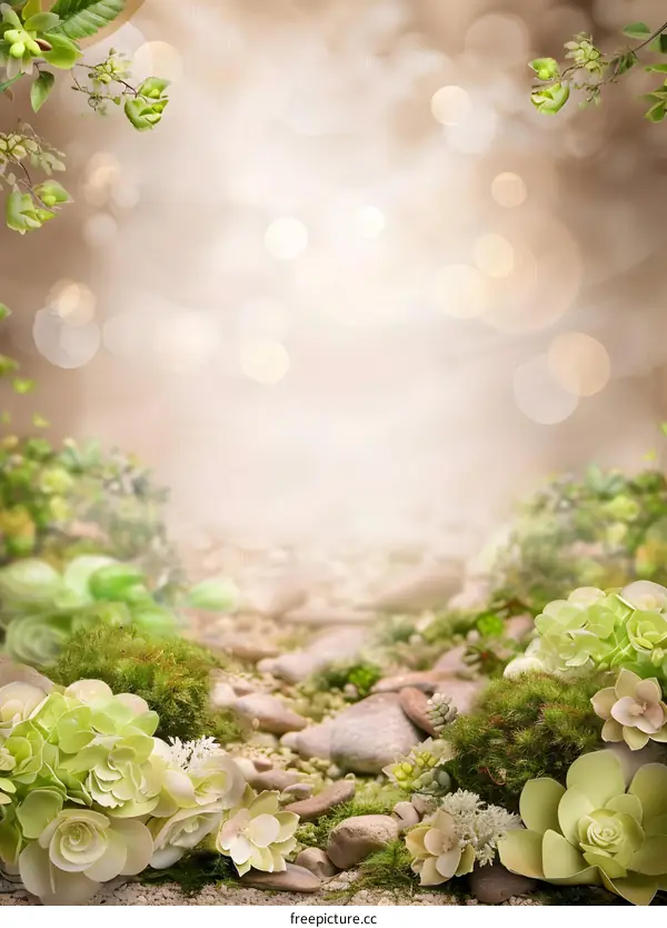 Green Succulents and Moss Path with Blurred Background