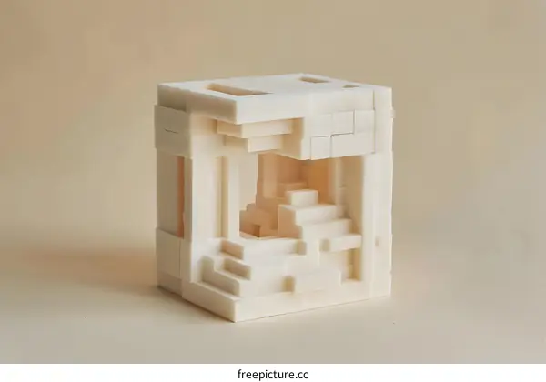 White 3D Printed Cube Structure with a Window