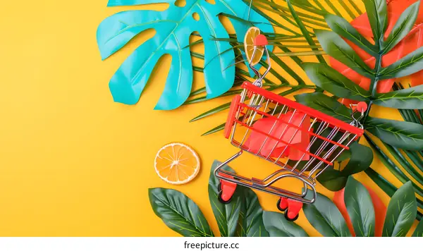 Tropical Summer Shopping Cart with Leaves and Orange Slices on Yellow Background