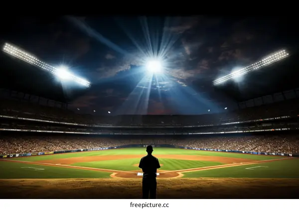 Baseball Stadium Illuminated at Night with Player Standing on Field