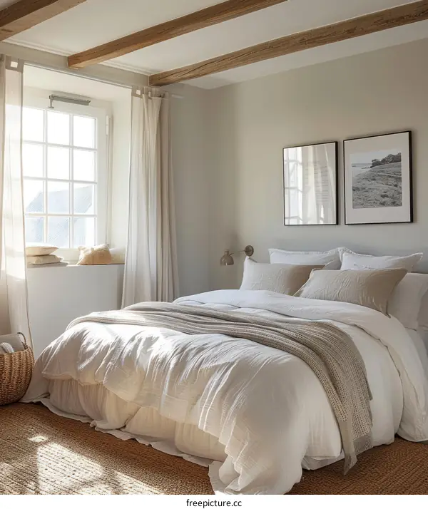 A cozy and inviting bedroom with a large bed, a window, and a rug on the floor