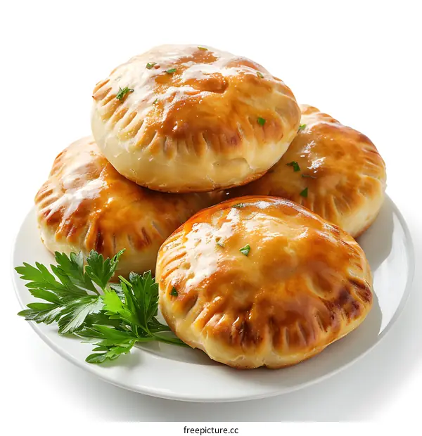 Four baked meat pies on white plate with parsley