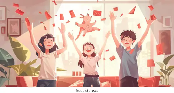 Three people are celebrating the Spring Festival