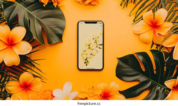 Tropical Flowers Surrounding a Mobile Phone