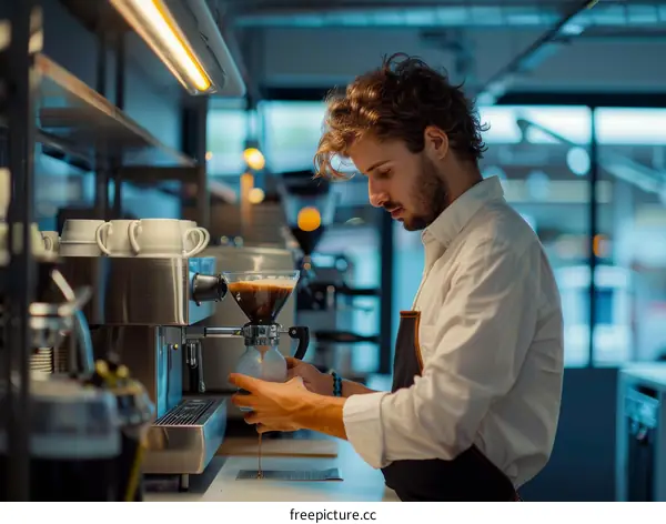 Focused barista making coffee with machine in cafe