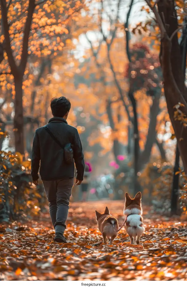 Man walking two corgis in an autumn forest