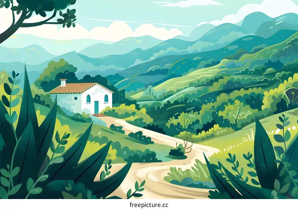 Beautiful Landscape Illustration with a House and Winding Road in the Mountains