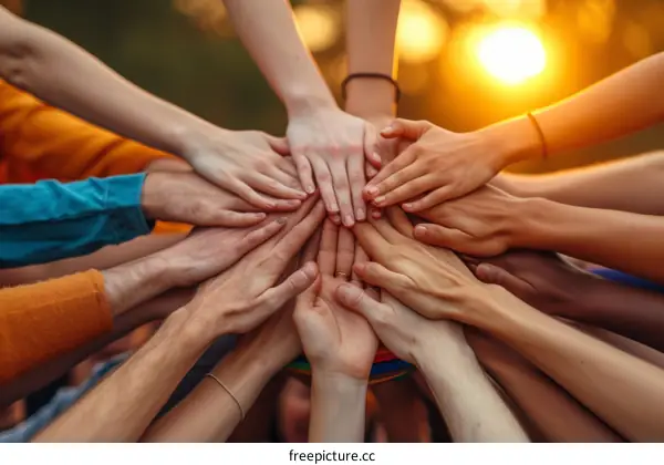 Multiracial group of people joining hands together in unity and support