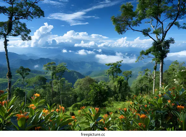 A lush green landscape with mountains in the distance