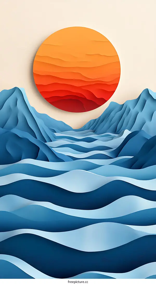 Paper Cut Style Mountain and Ocean Landscape Illustration