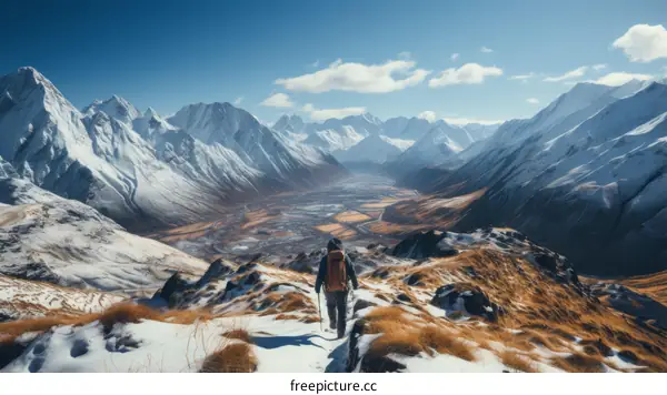 Solitary Hiker in Snowy Mountain Landscape
