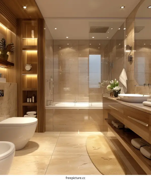 Modern Bathroom Interior Design with Beige Marble Tiles and Wooden Cabinet