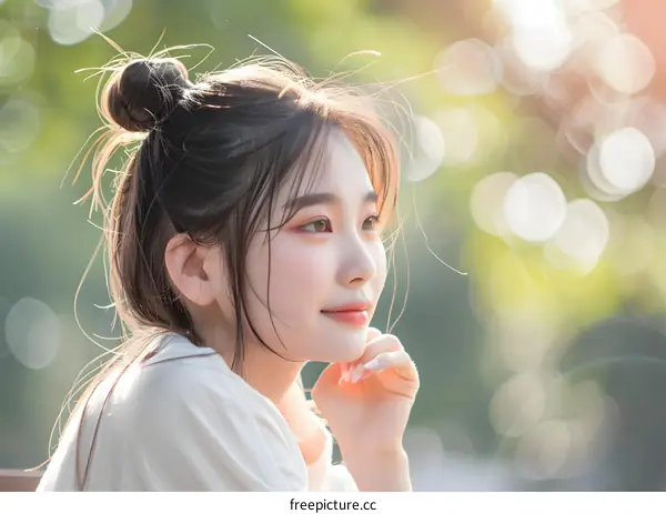 Beautiful Asian Woman with Long Hair Looking Away