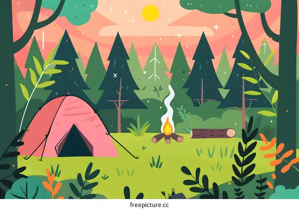 Camping Tent In The Forest At Sunset