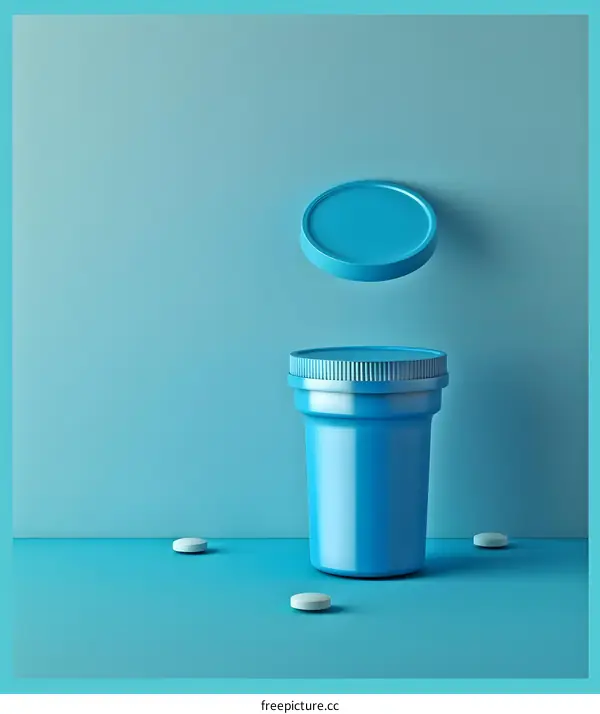 Blue Pill Bottle and Pills on Blue Background