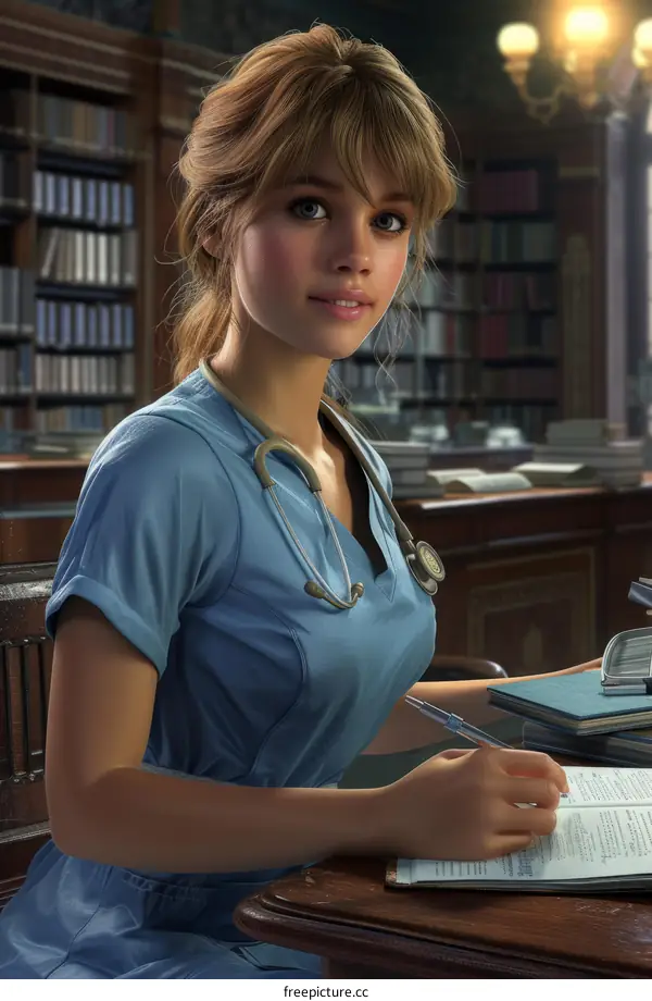 A beautiful young nurse is sitting at a desk in a library writing in a medical chart with a stethoscope around her neck