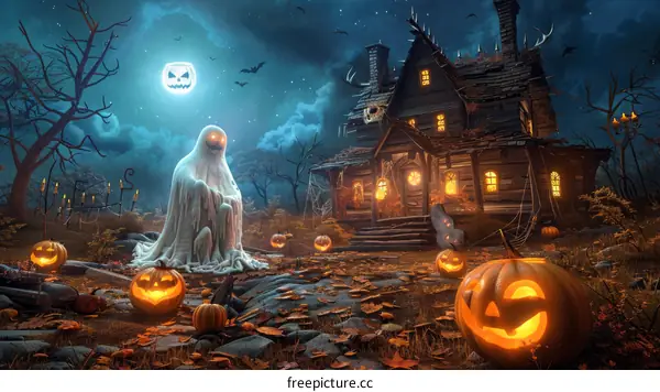 Spooky Haunted House At Night With Pumpkins And Ghost