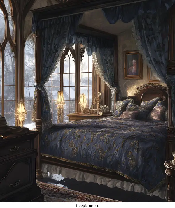 Vintage Bedroom Interior Design With Canopy Bed And Window View