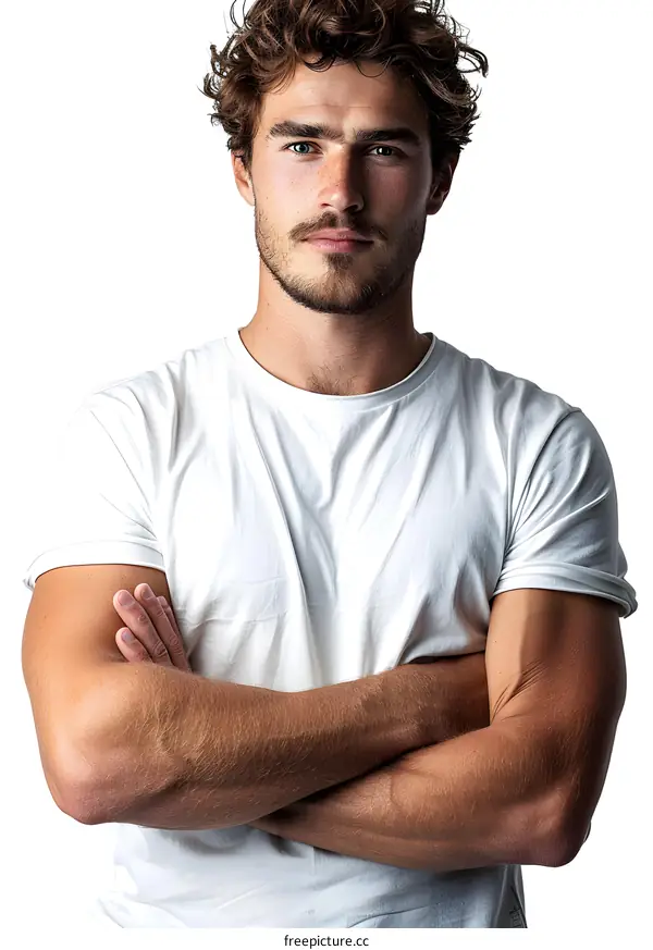 Portrait of a Handsome Man with Curly Hair and a Beard in a White T-Shirt
